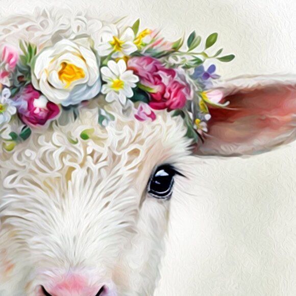 8x8 Baby Lamb Wearing Floral‎ Crown Portrait Watercolor Oil Painting Art Print - Picture 5 of 7